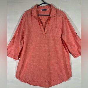 FLEUR BLEVE LINEN/COTTON V NECK TUNIC TOP ROLL TAB SLEEVES TOP XL CORAL PREOWNED